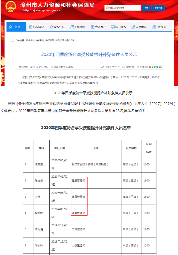 福建省漳州市考健康管理師領(lǐng)取補(bǔ)貼1600元公示！ 